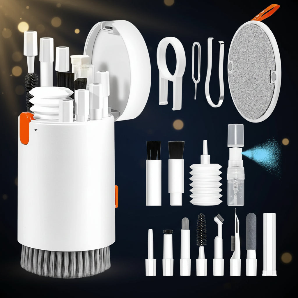 Collection of cleaning tools and accessories in a white container with orange accents.