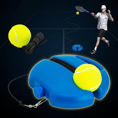 Tennis training device with a ball and racket on a white background