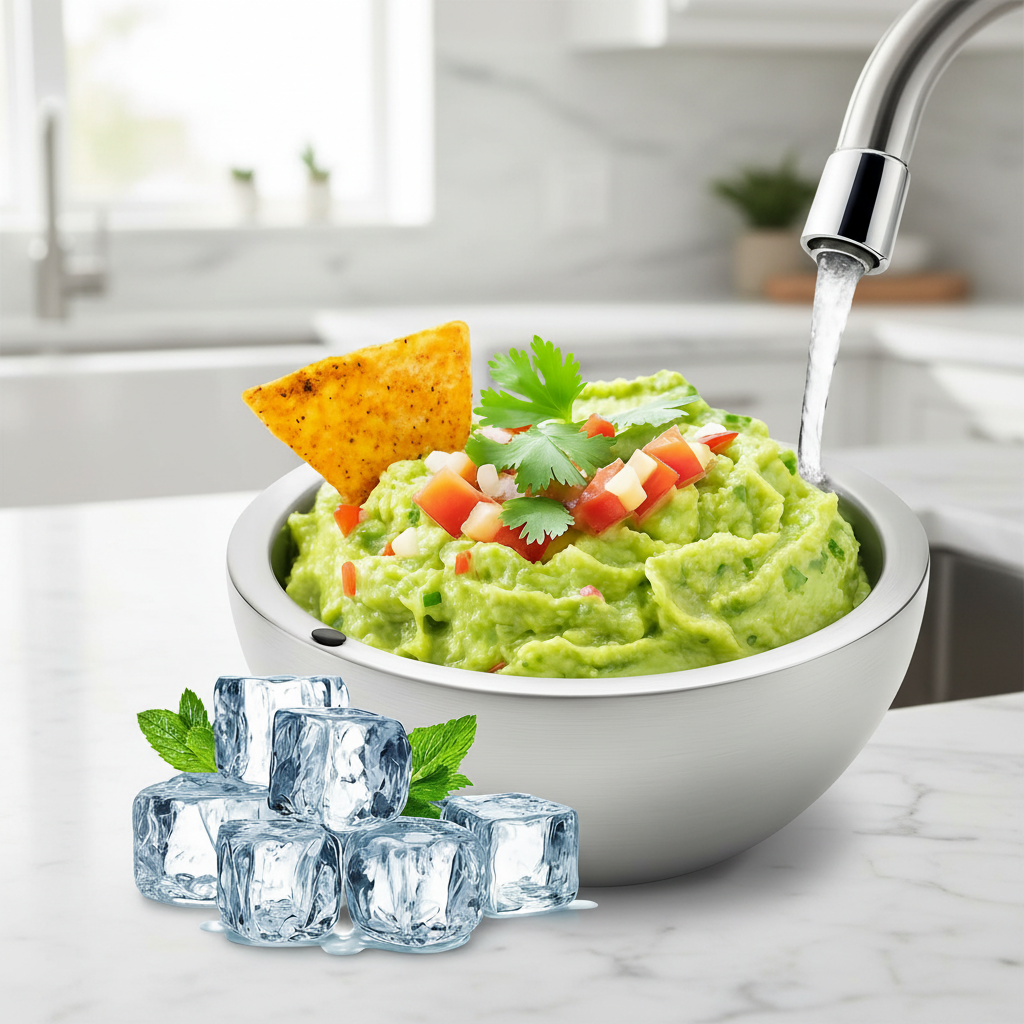 Bowl of guacamole with tortilla chip, ice cubes, and a faucet on a white background