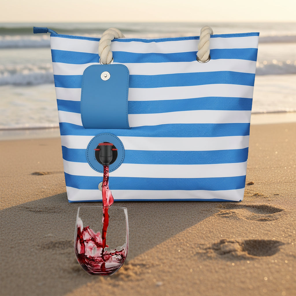 Blue and white striped bag with a wine bottle design pouring red liquid into a glass on a white background