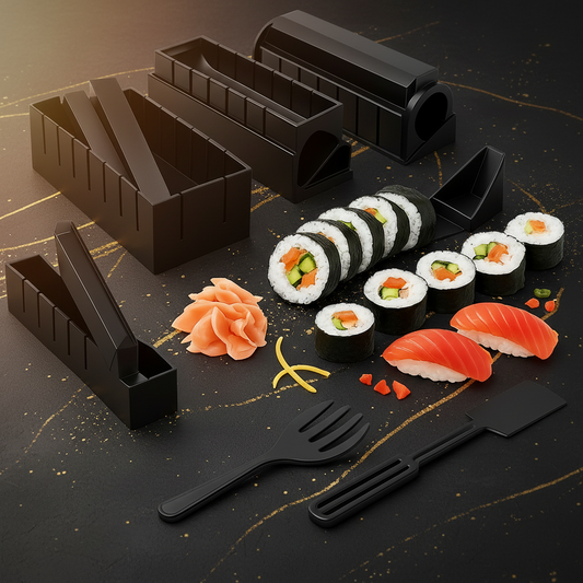 Sushi-making kit with black molds, sushi rolls, and ingredients on a white background