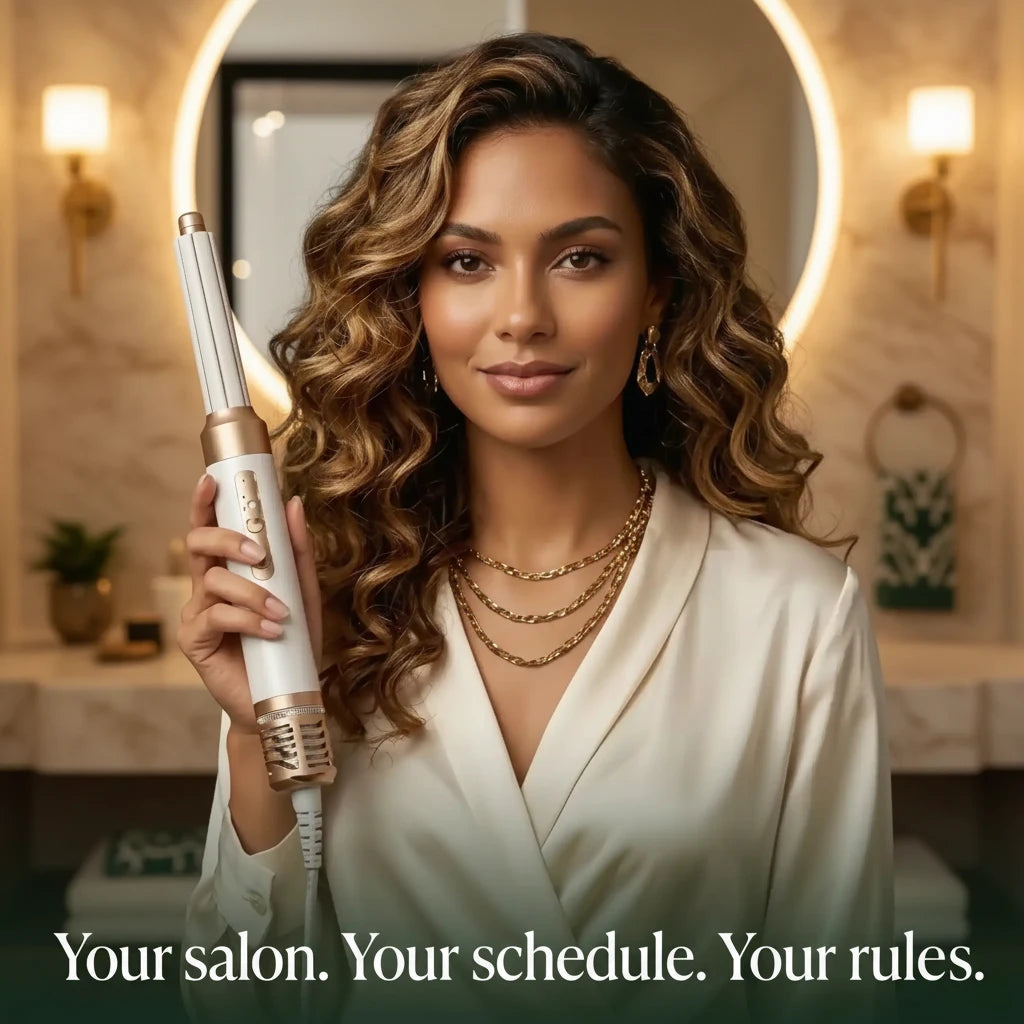 Woman holding a hair styling tool in a bathroom setting with text 'Your salon. Your schedule. Your rules.'
