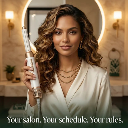 Woman holding a hair styling tool in a bathroom setting with text 'Your salon. Your schedule. Your rules.'