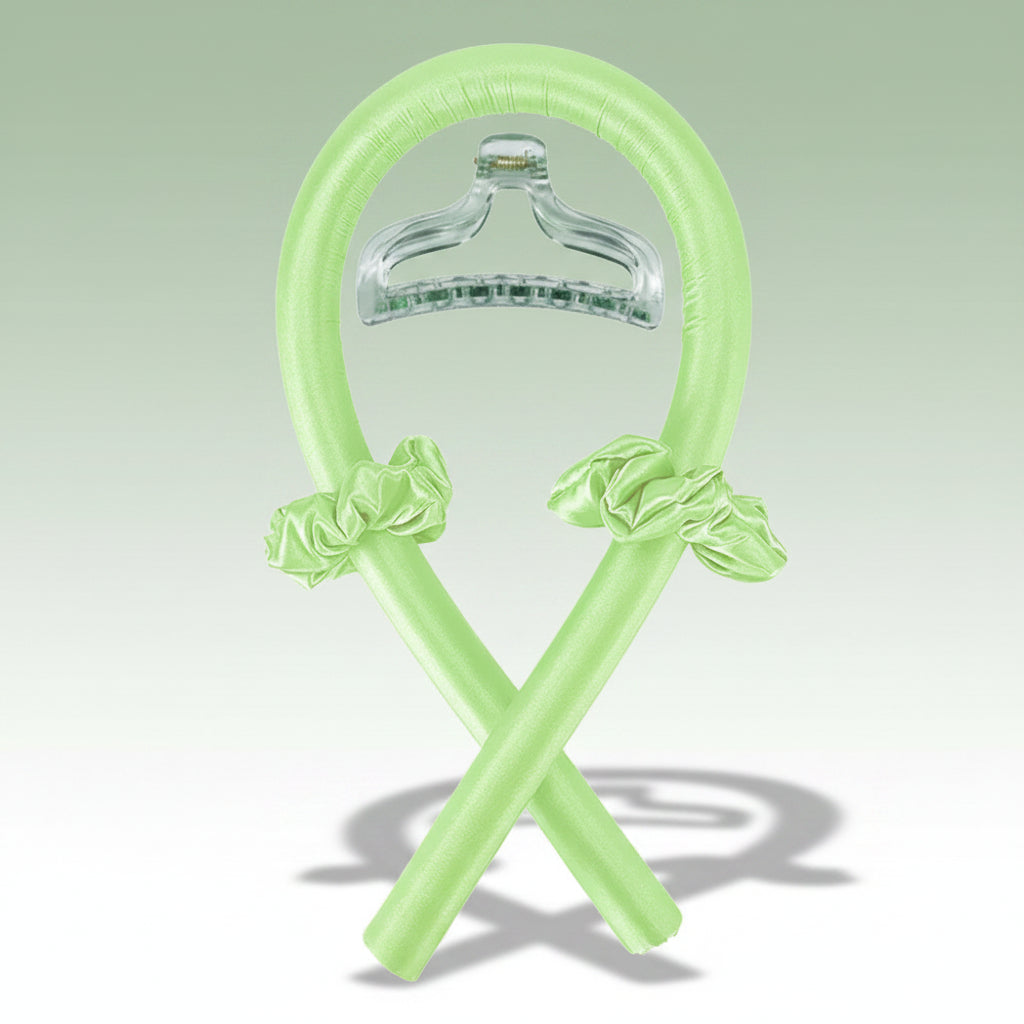Green inflatable pool noodles with handles on a white background
