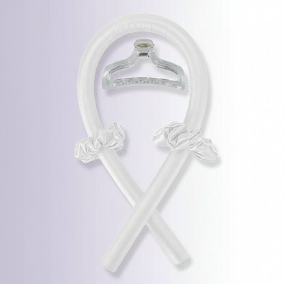 White plastic hanger with decorative ribbons on a white background