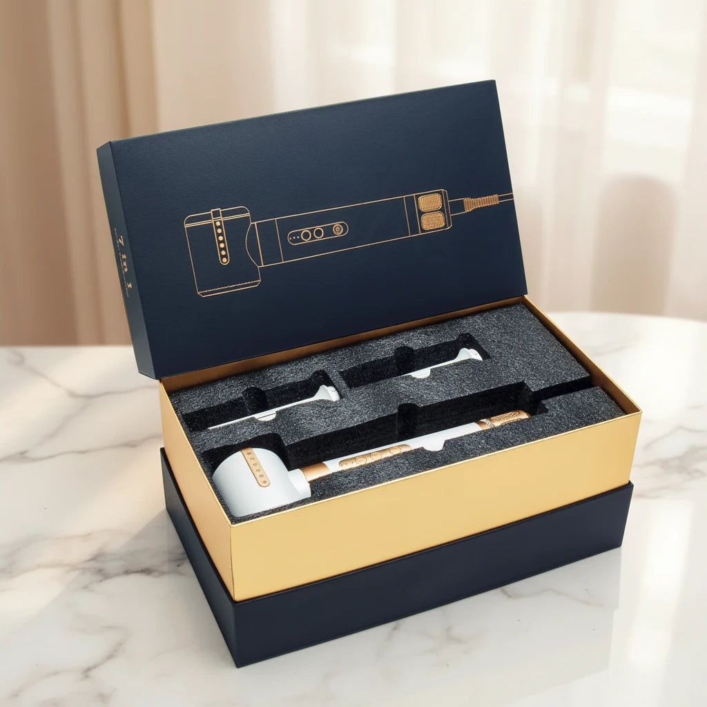 Grooming tool set in a branded box on a marble surface