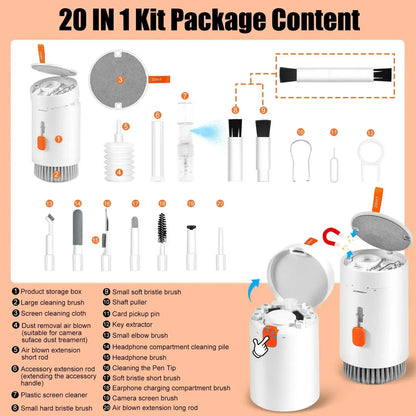 20-in-1 cleaning kit with various components on a peach background