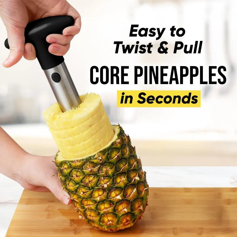 Pineapple corer being used on a pineapple with text 'Easy to Twist & Pull CORE PINEAPPLES in Seconds'.