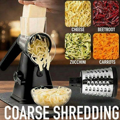 Shredder with coarse shredding attachment and examples of shredded vegetables.
