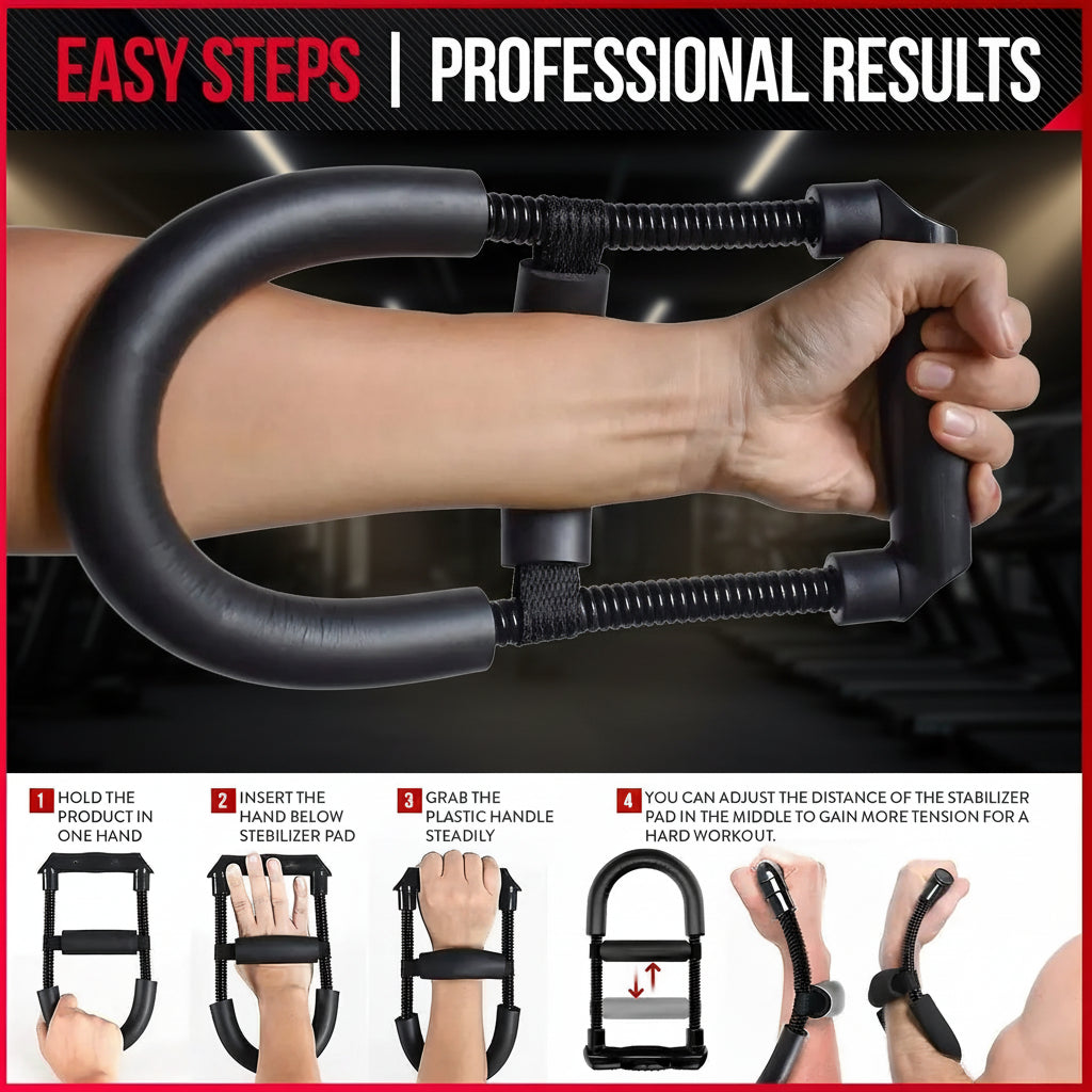 Hand exerciser with step-by-step instructions on a gray background