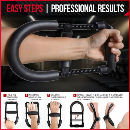 Hand exerciser with step-by-step instructions on a gray background