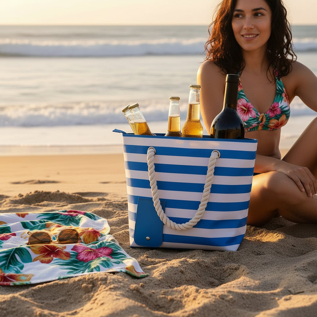 Blue and white striped tote bag with bottles of wine and beer on a white background