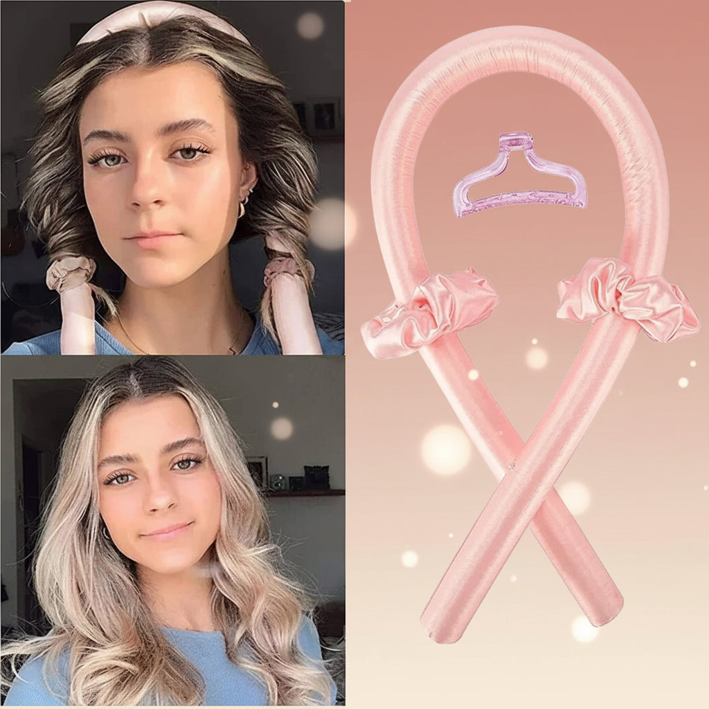 Pink hair tie with decorative bows and a comparison of hairstyles.