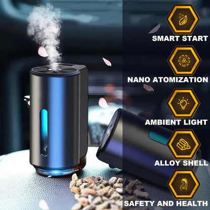 Humidifier with steam emerging, surrounded by features like smart start, nano atomization, ambient light, alloy shell, and safety and health benefits.