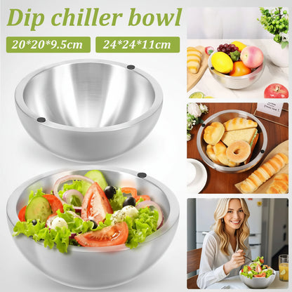 Dip chiller bowl with dimensions and uses shown on a white background