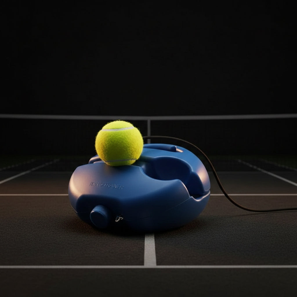 Blue tennis ball launcher with a yellow ball on a white background