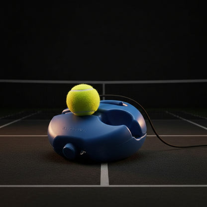 Blue tennis ball launcher with a yellow ball on a white background
