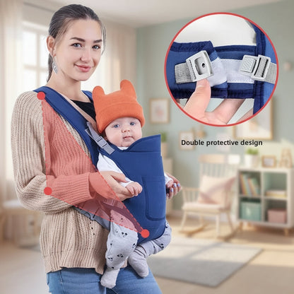 Woman holding a baby in a blue baby carrier with close-up of straps.