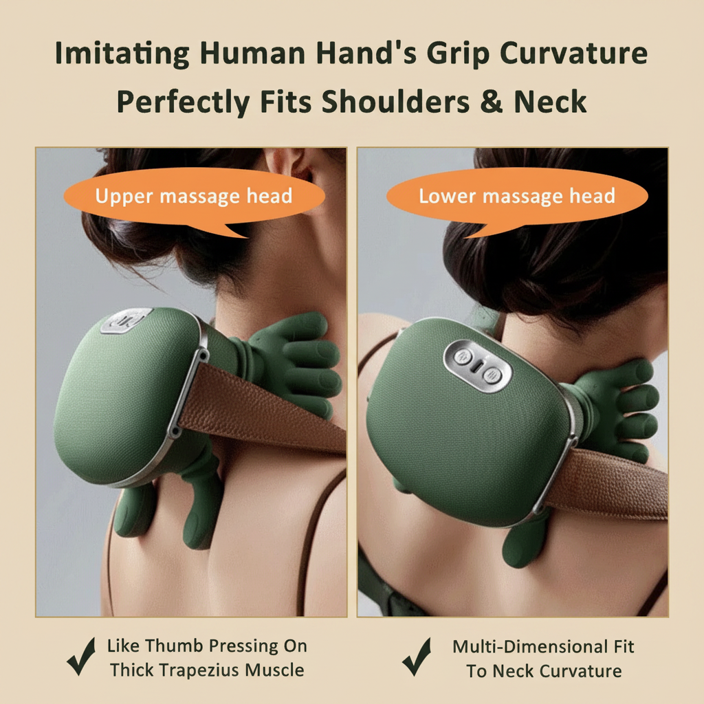 Neck and shoulder massager with upper and lower massage heads on a person, highlighting its fit and design.