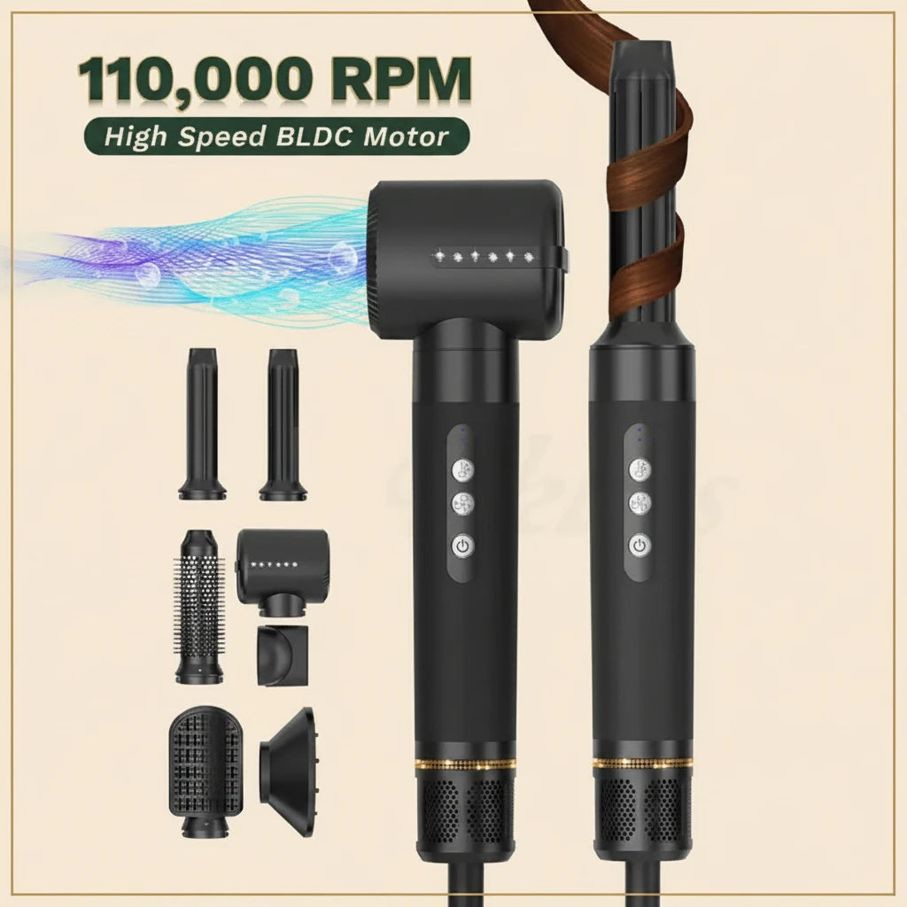 Hair styling tool set with attachments and high-speed BLDC motor text on a beige background