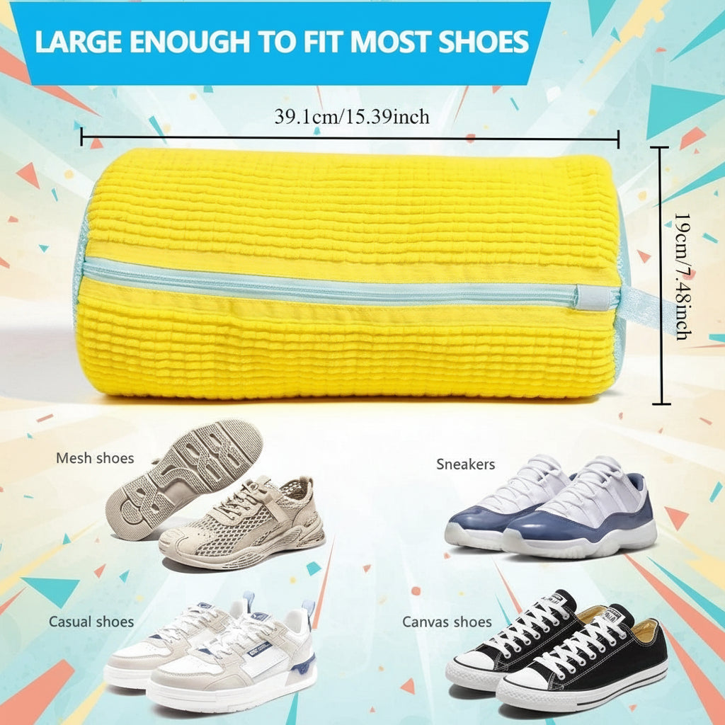 Yellow shoe storage bag with dimensions and examples of shoes it can fit.