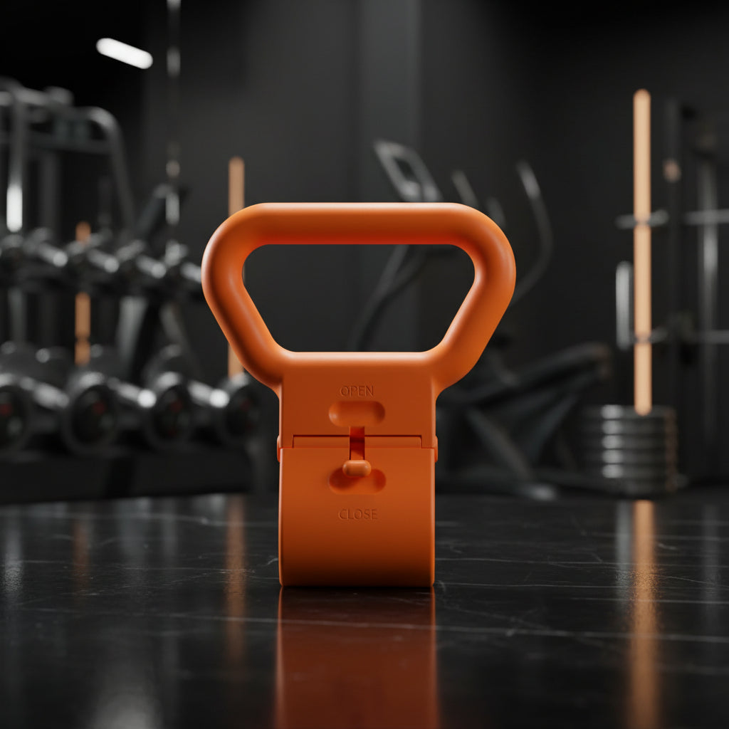 Orange cable clip with close-up and usage examples on a dark background
