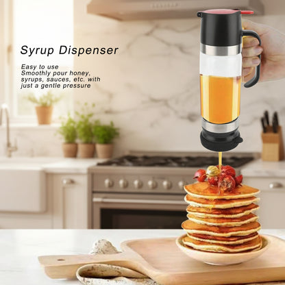 Syrup dispenser pouring syrup onto a stack of pancakes with text on a white background