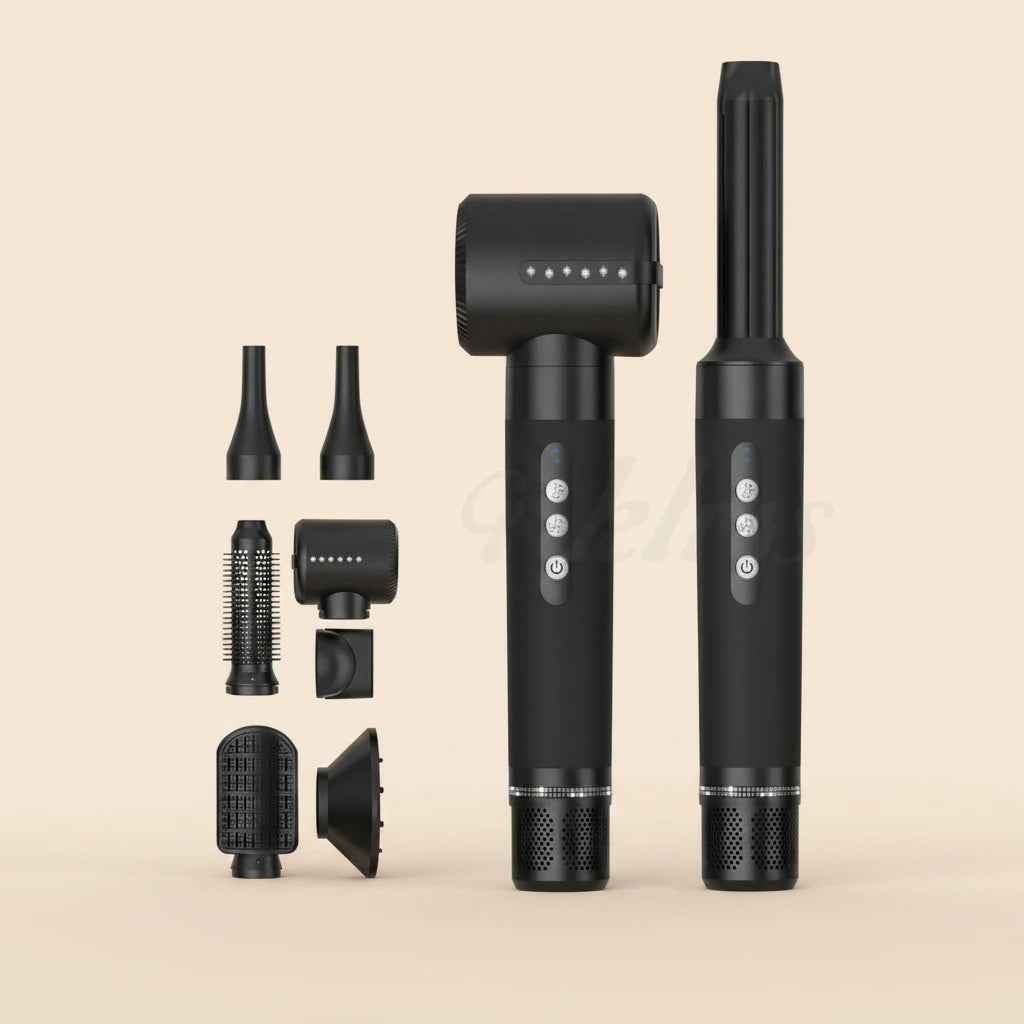 Black hair styling tool with multiple attachments on a beige background