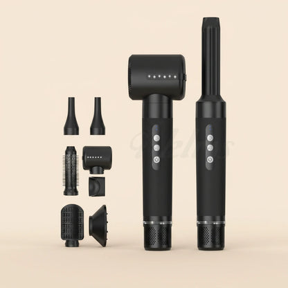 Black hair styling tool with multiple attachments on a beige background