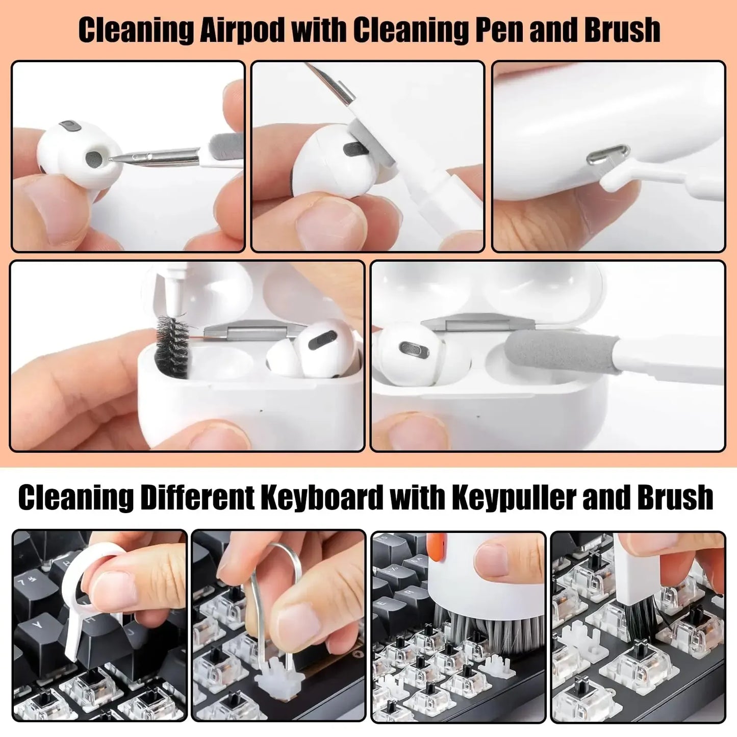 Steps to clean airpods and keyboards with a cleaning pen and brush.
