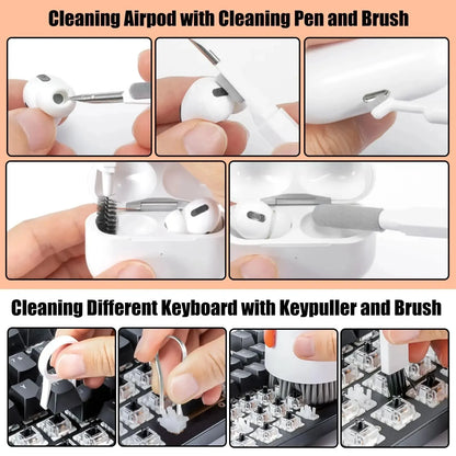 Steps to clean airpods and keyboards with a cleaning pen and brush.