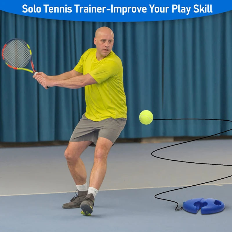 Man practicing tennis with a Solo Tennis Trainer on a blue court.