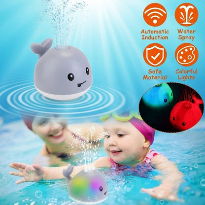 Children playing with a whale-shaped toy that sprays water and has colorful lights, with icons indicating automatic induction, water spray, safe material, and colorful lights.