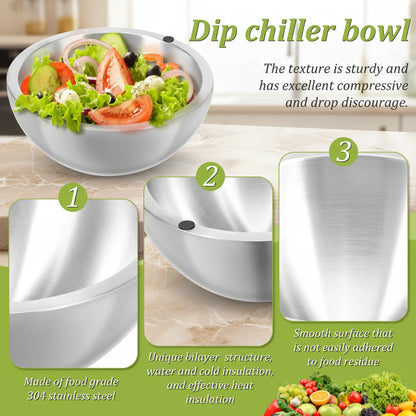Dip chiller bowl with salad and text highlighting features on a green background