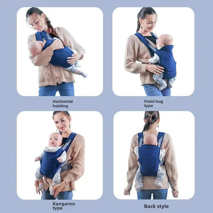Woman using a baby carrier in different styles on a light blue background
