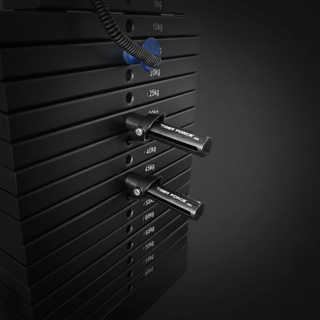 Stack of weight plates on a weight rack with visible brand name.