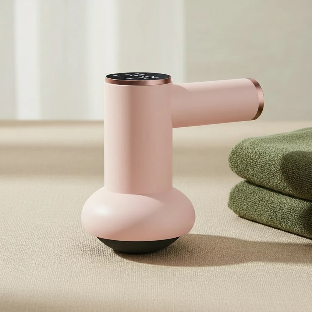 Pink handheld device on a beige surface with green towels in the background