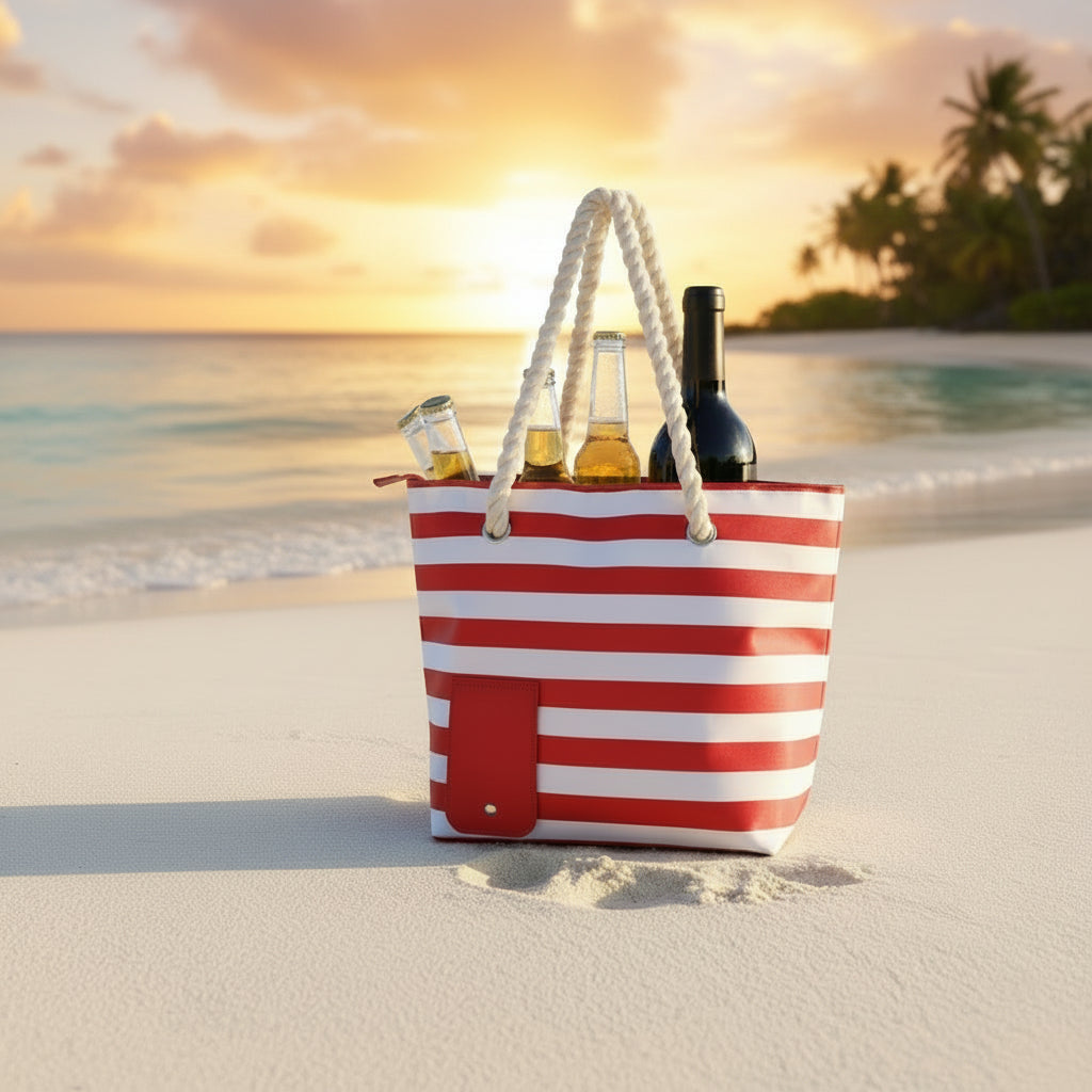 Blue and white striped tote bag with bottles on a yellow checkered blanket