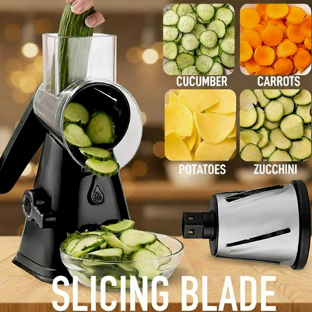 Vegetable slicer with sliced vegetables and additional slices displayed on a white background