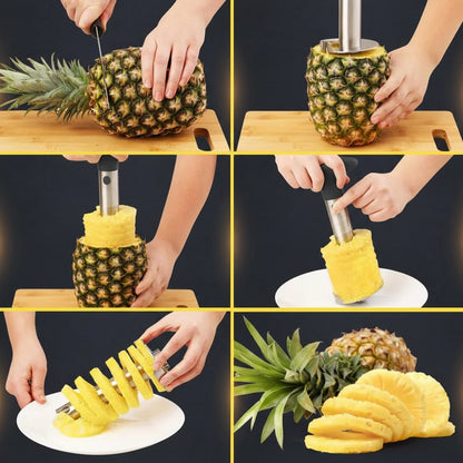 Step-by-step process of using a pineapple slicer to cut a pineapple.