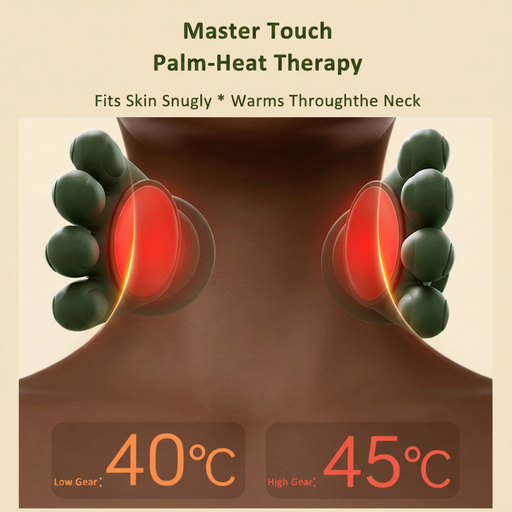 Promotional graphic for a neck and shoulder massage device labeled 'Master Touch Palm-Heat Therapy,' showing two green rounded massage heads pressing into the neck with red heat indicators and temperature text reading 40°C and 45°C.