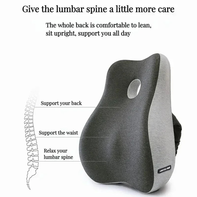 Back support pillow with text on a white background