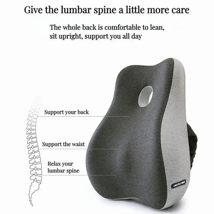 Back support pillow with text on a white background