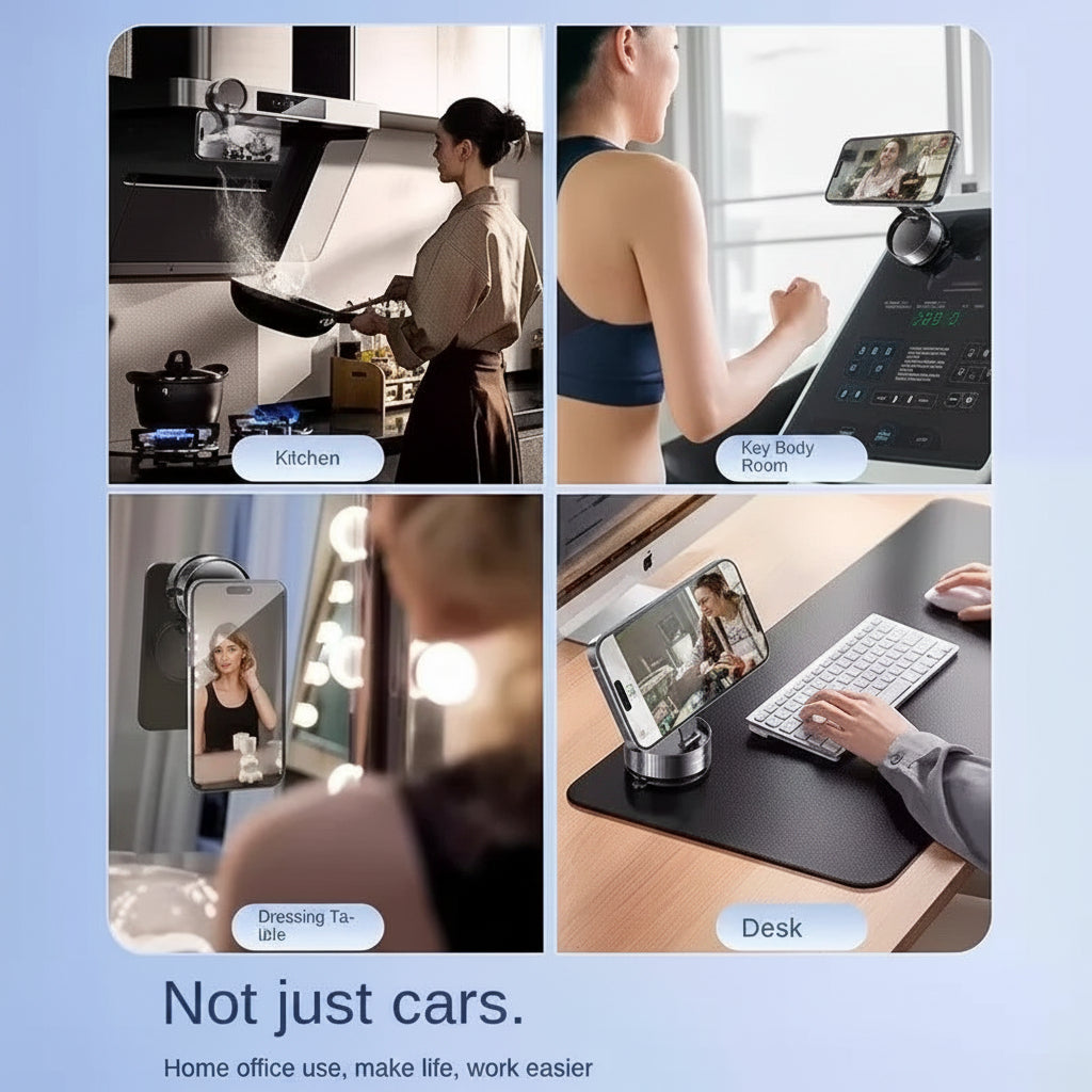 Collage of a smartphone with a screen displaying different scenes including a kitchen, key body room, dressing table, and desk.