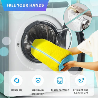 Person using a yellow cleaning brush inside a washing machine with text 'Free Your Hands' and icons indicating features.