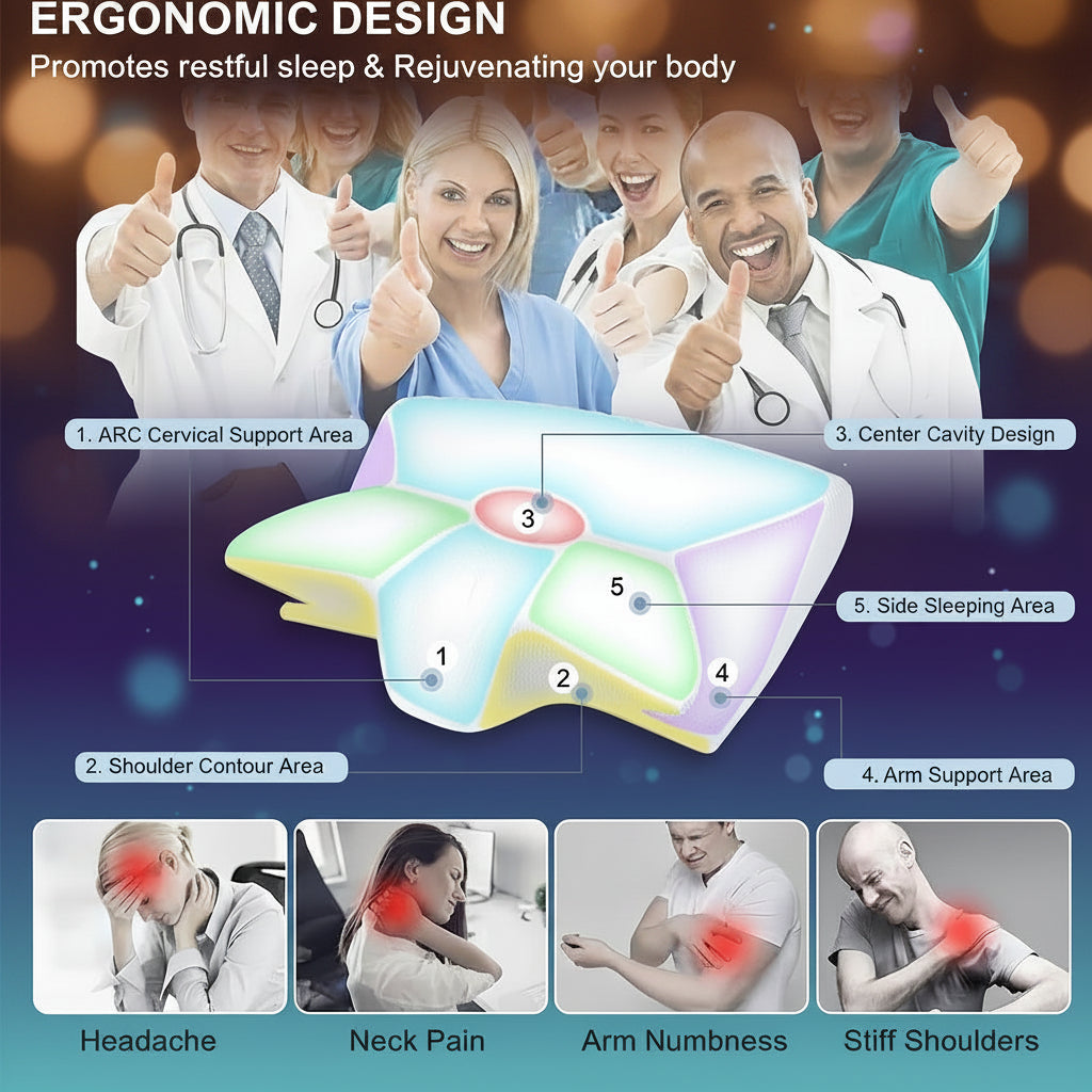 Ergonomic pillow with labeled areas and benefits, surrounded by people giving thumbs up.