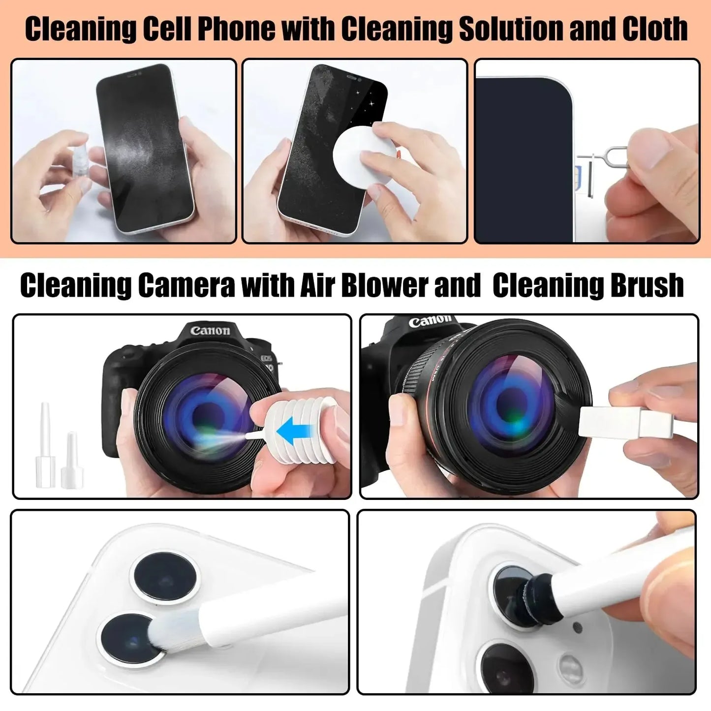 Step-by-step process of cleaning a cell phone, camera lens, and phone camera with cleaning solution, cloth, air blower, and brush.