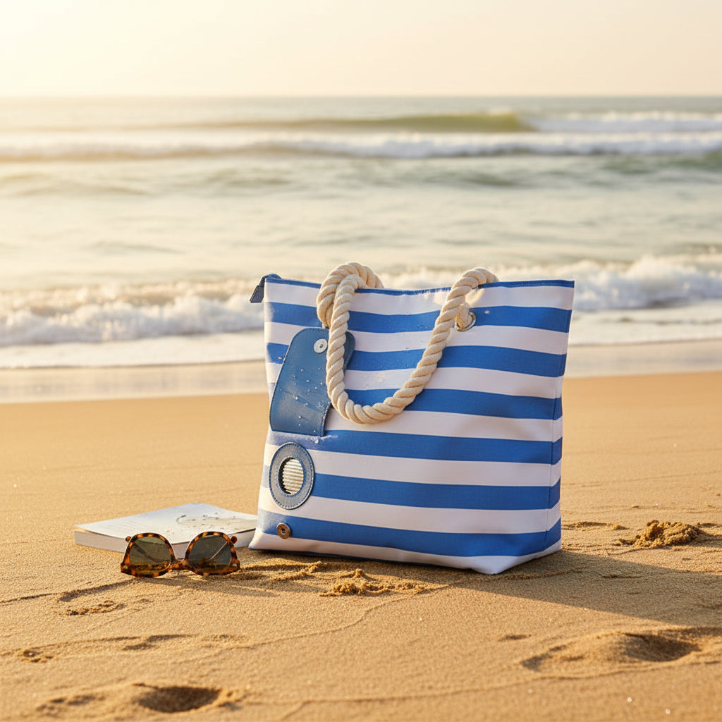Blue and white striped tote bag with a blue tag on a white background
