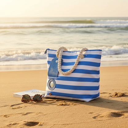 Blue and white striped tote bag with a blue tag on a white background