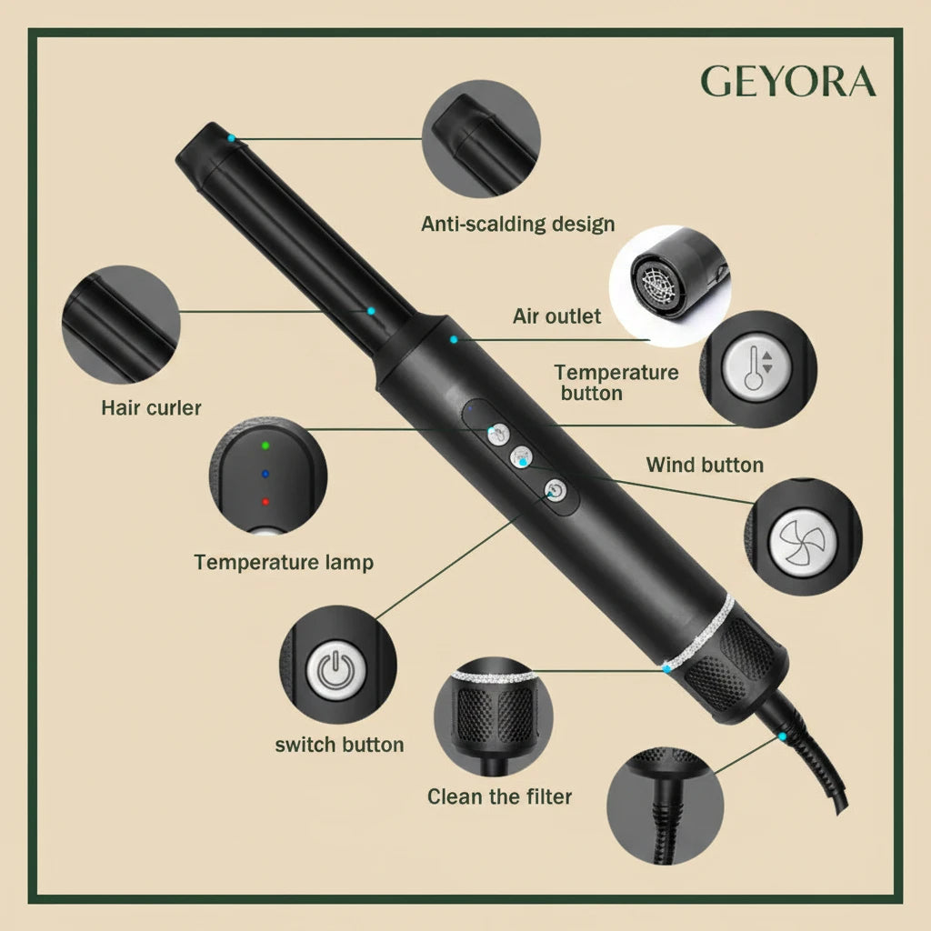 Black hair curler with labeled features on a beige background, featuring the brand 'GEYORA'.